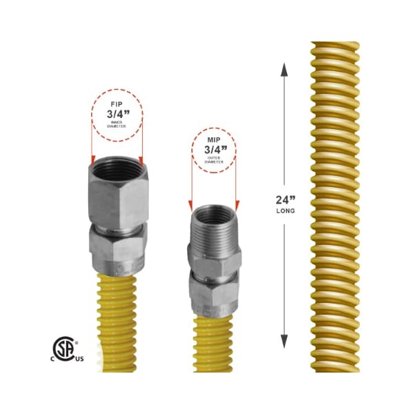 Gas Line Hose 5/8'' O.D.x24'' Len 3/4 FIPxMIP Fittings Yellow Coated Stainless Steel Flexible